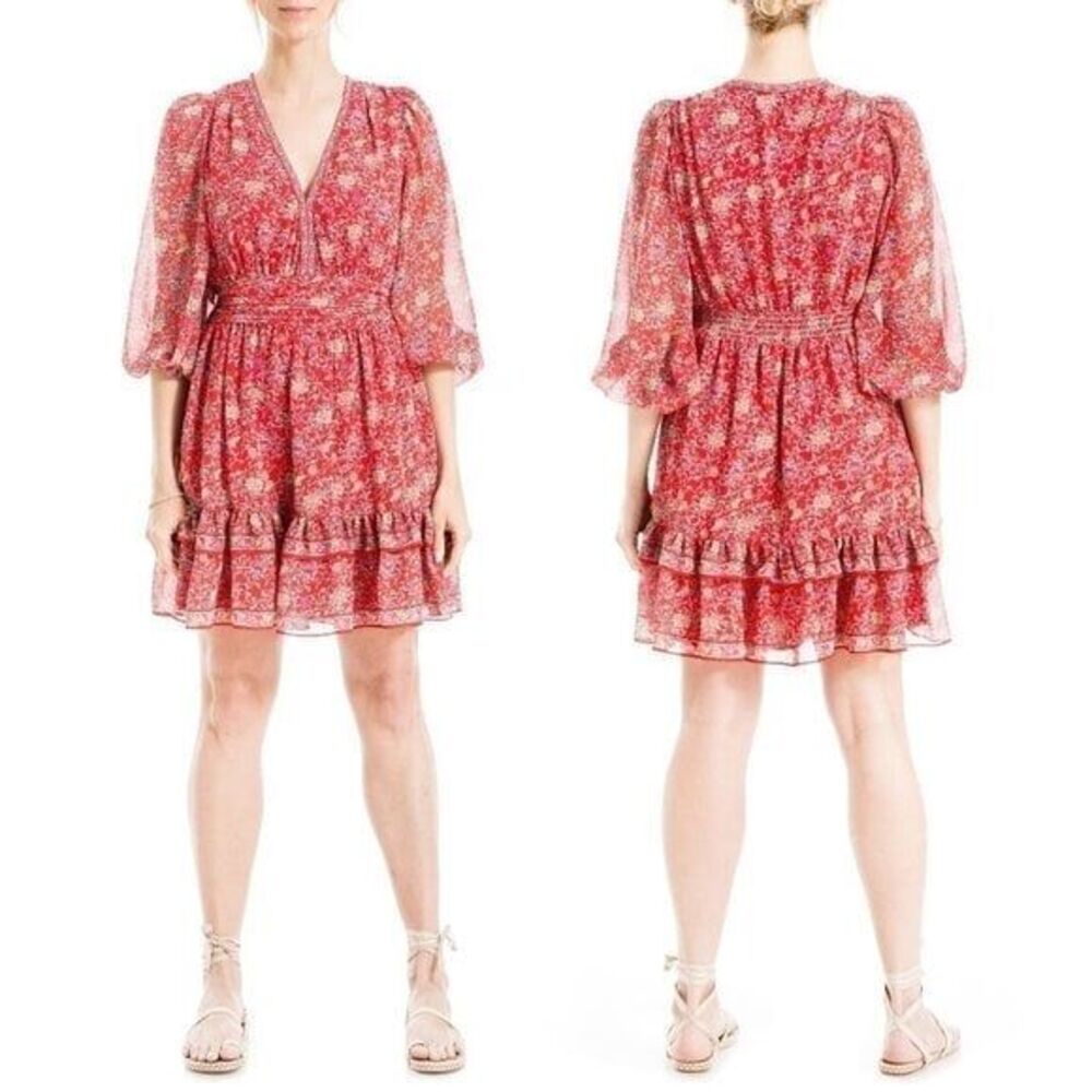 MAX STUDIO LONDON Women's Tiered Print Bohemian Red Mini Dress Coquette Babydoll